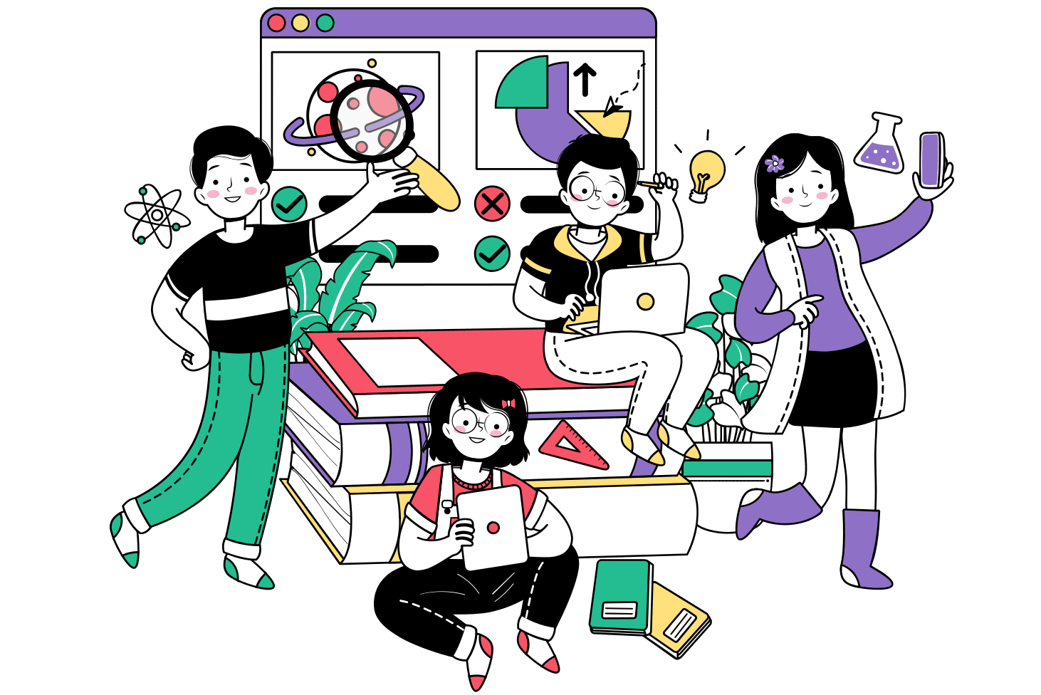 Empat siswa belajar bersama menggunakan laptop dan buku