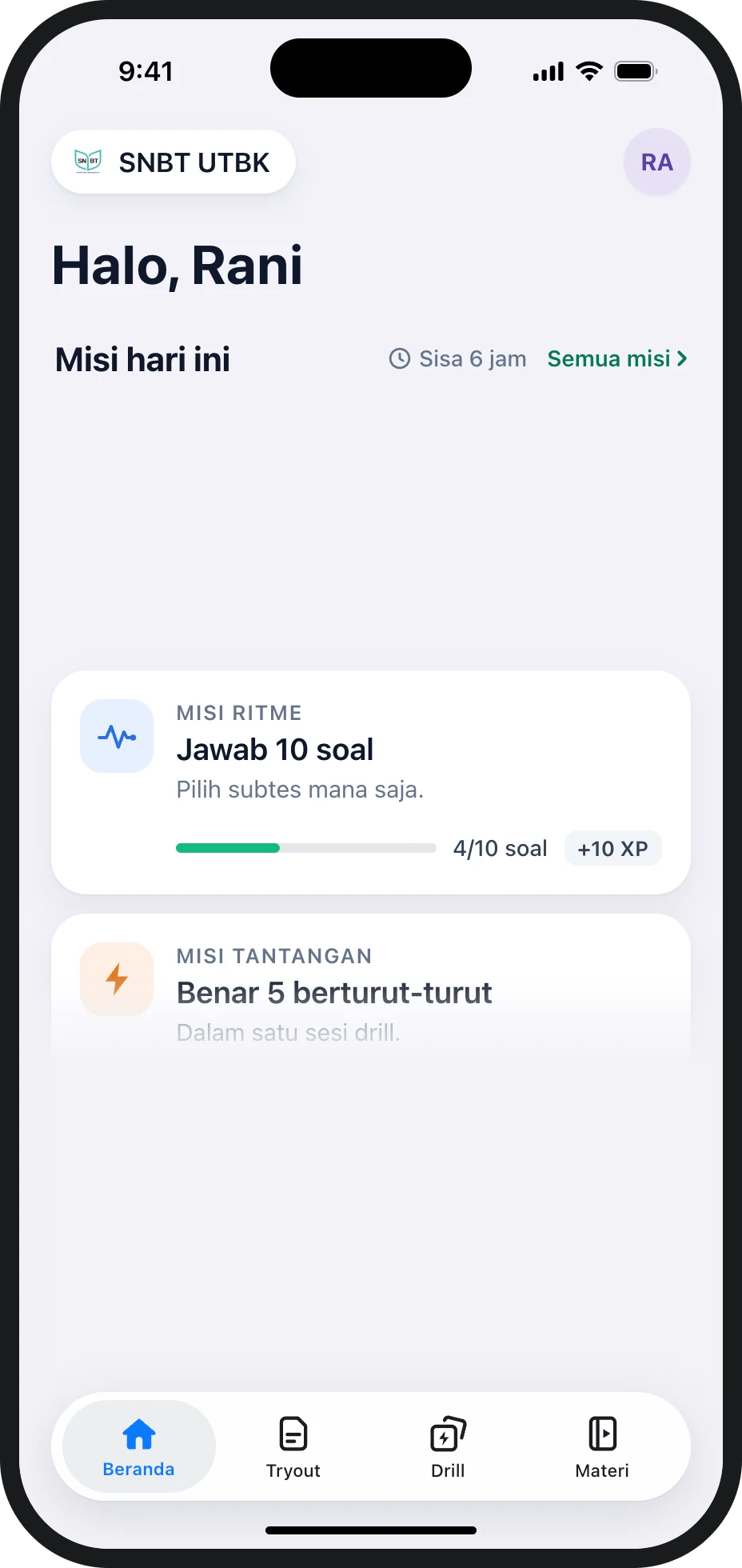 Beranda aplikasi SainsIn: Misi hari ini dengan Misi ritme dan Misi tantangan