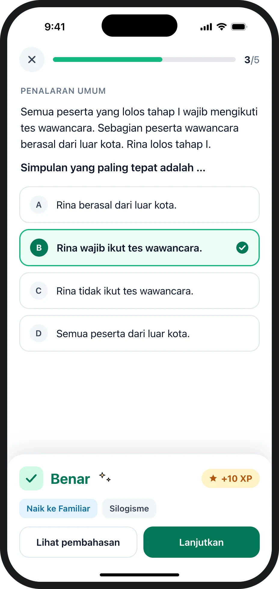Layar Drill dengan jawaban benar, tambahan 10 XP, dan tombol Lanjutkan