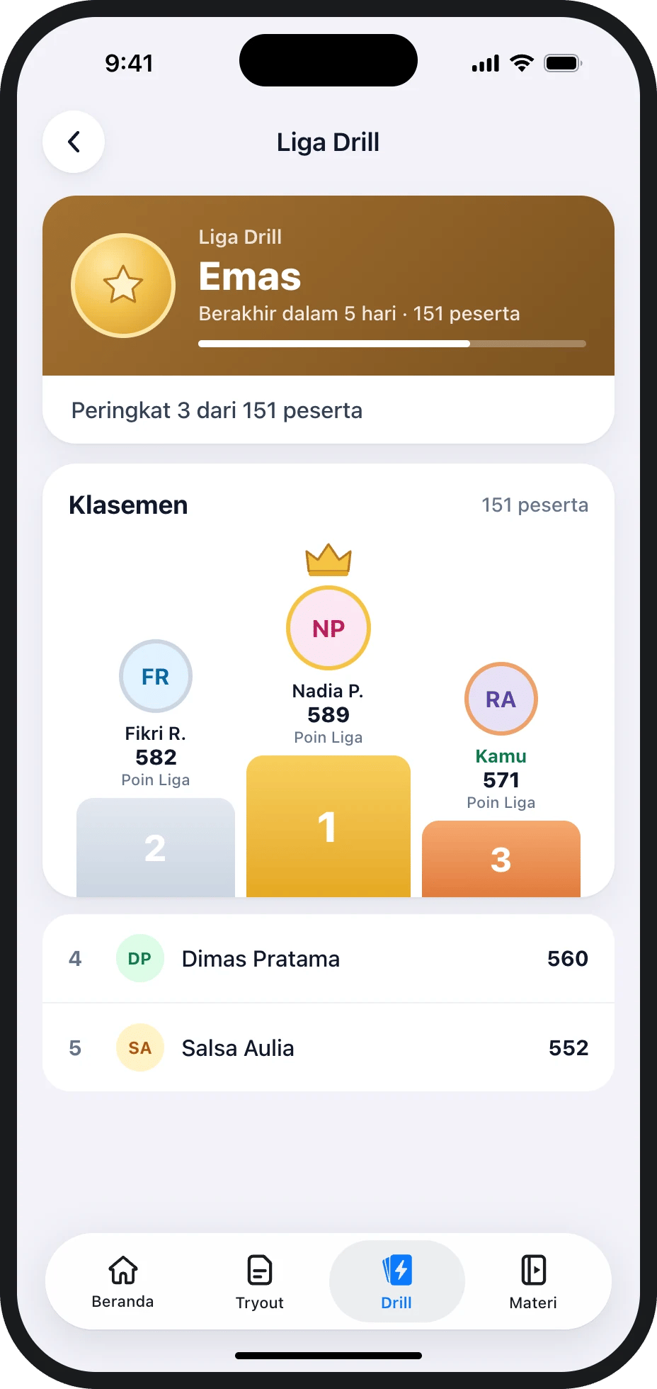 Layar Liga Drill dengan rank Emas dan podium tiga besar