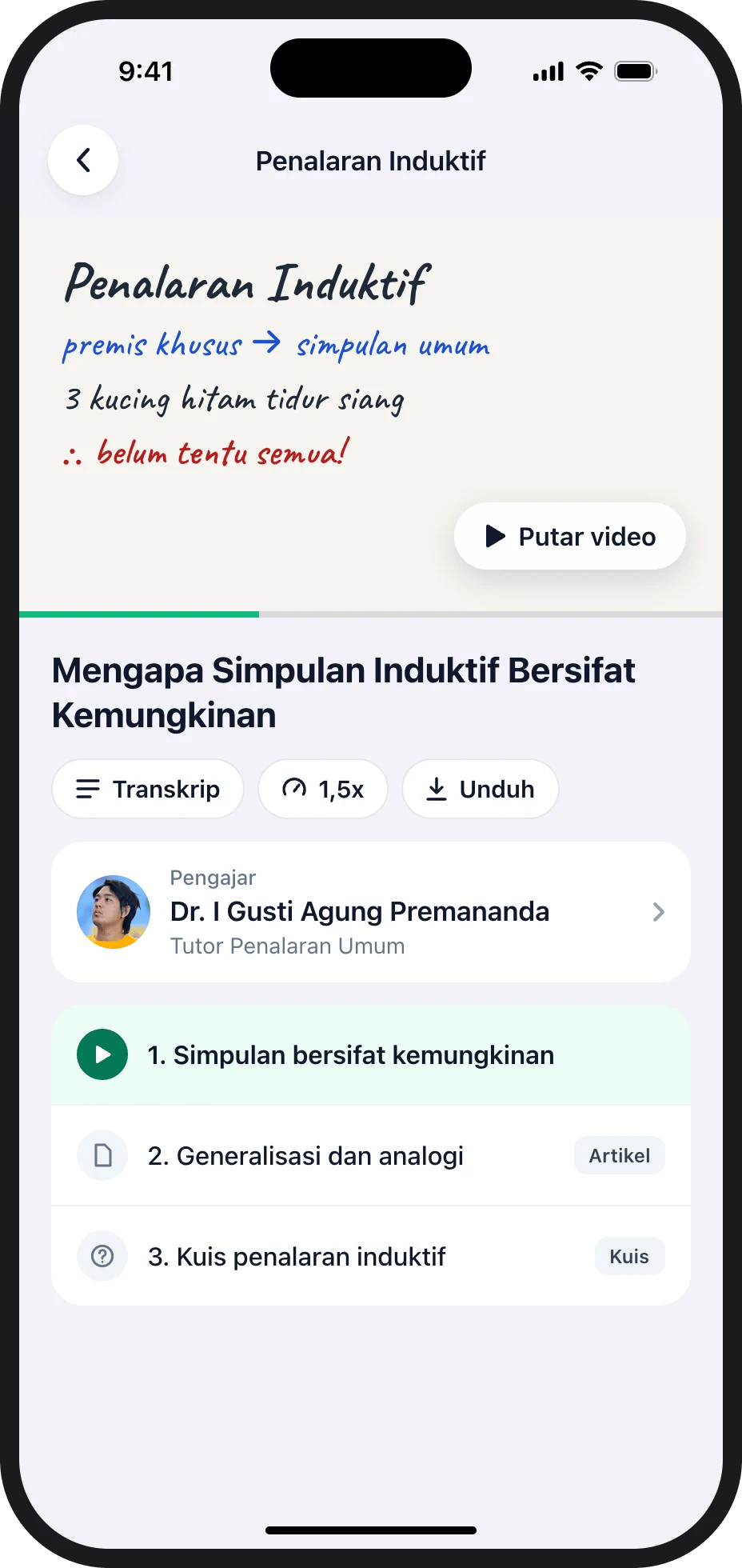 Layar Materi dengan video Penalaran Induktif dan daftar bab