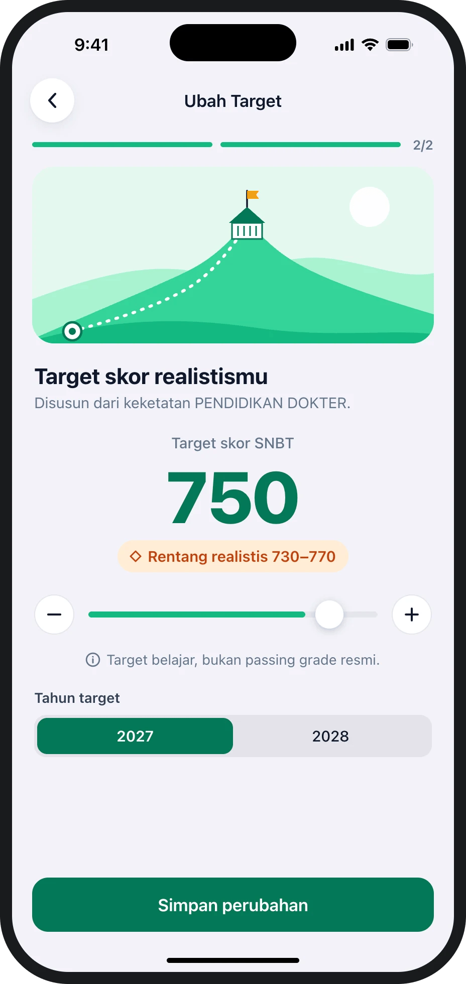 Layar Target dengan target skor 750 untuk jurusan pilihan