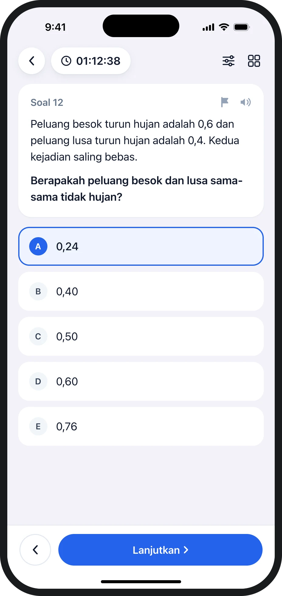 Layar soal Tryout dengan sisa waktu dan pilihan jawaban