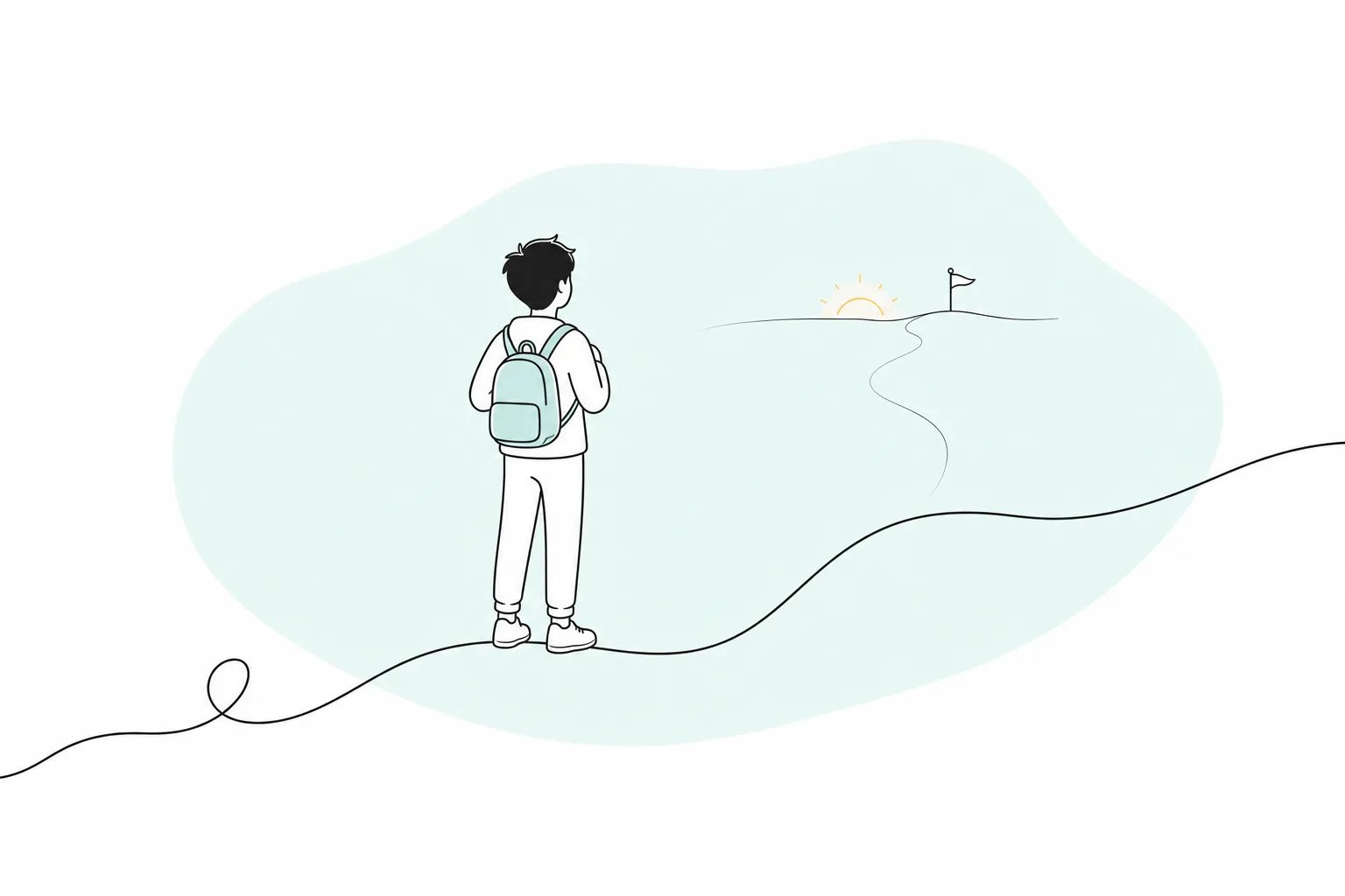Ilustrasi doodle siswa berdiri memandang matahari terbit dan bendera kecil di kejauhan, jalur garisnya masih berlanjut keluar bingkai — perjuangan yang belum selesai
