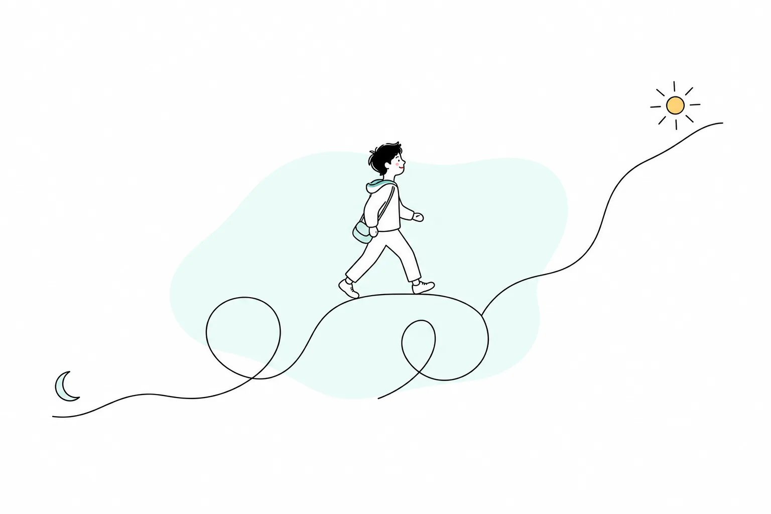 Ilustrasi doodle siswa berjalan di jalur garis yang berputar dua kali sebelum akhirnya menanjak — dari bulan sabit menuju matahari, menggambarkan perjalanan gap year
