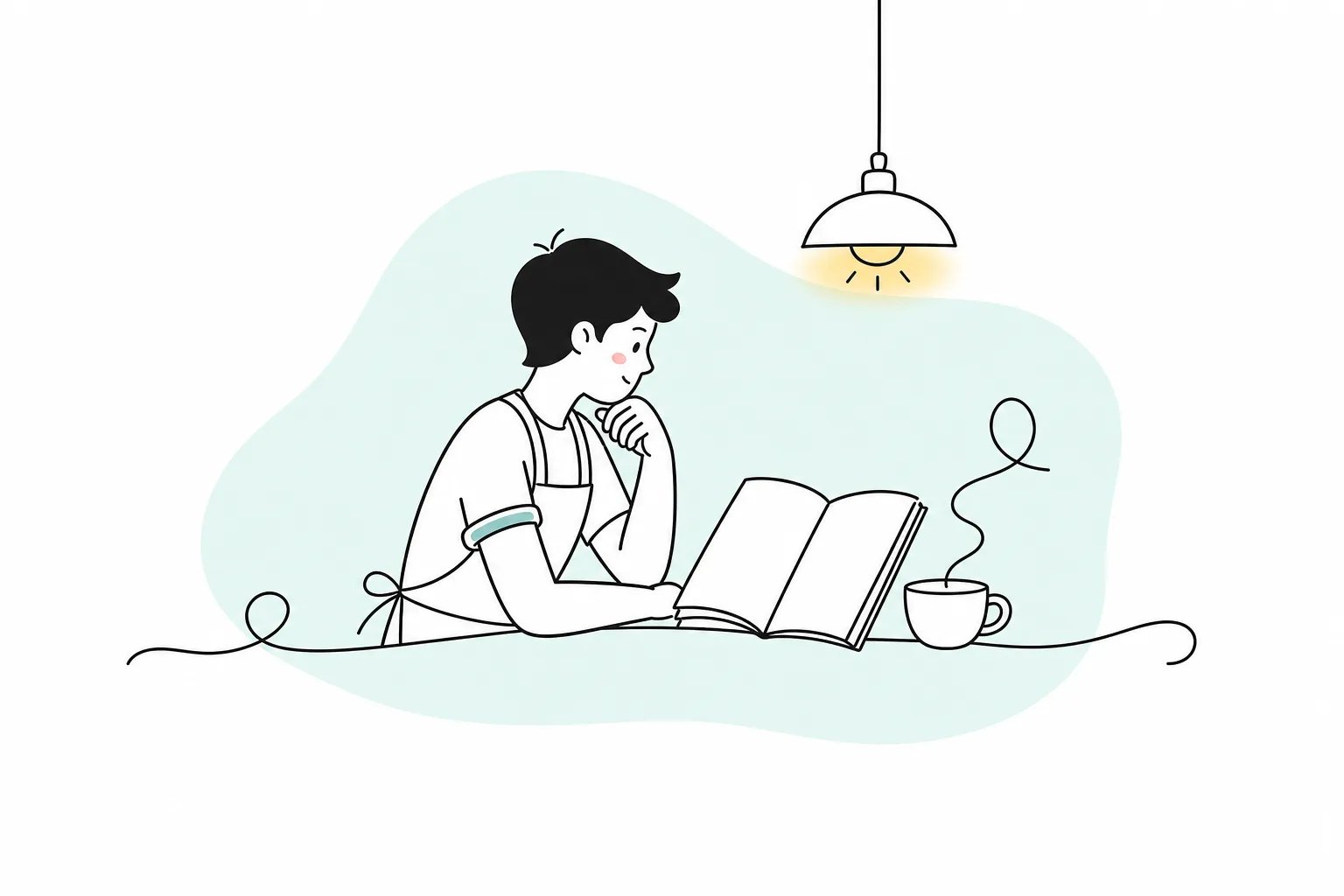 Ilustrasi doodle siswa bercelemek membaca buku di meja kafe di bawah lampu gantung, di samping secangkir kopi — belajar di sela-sela jam kerja