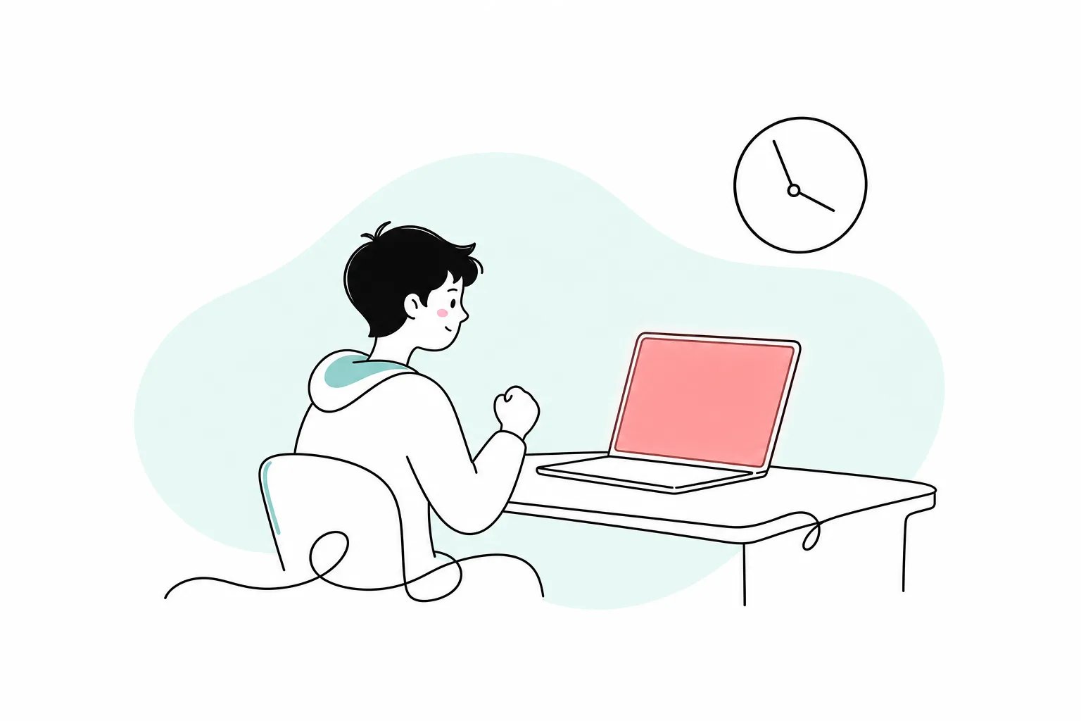 Ilustrasi doodle siswa duduk tegak di depan laptop berlayar merah dengan kepalan tangan — momen ditolak SNBP yang menjadi titik awal perjuangan UTBK