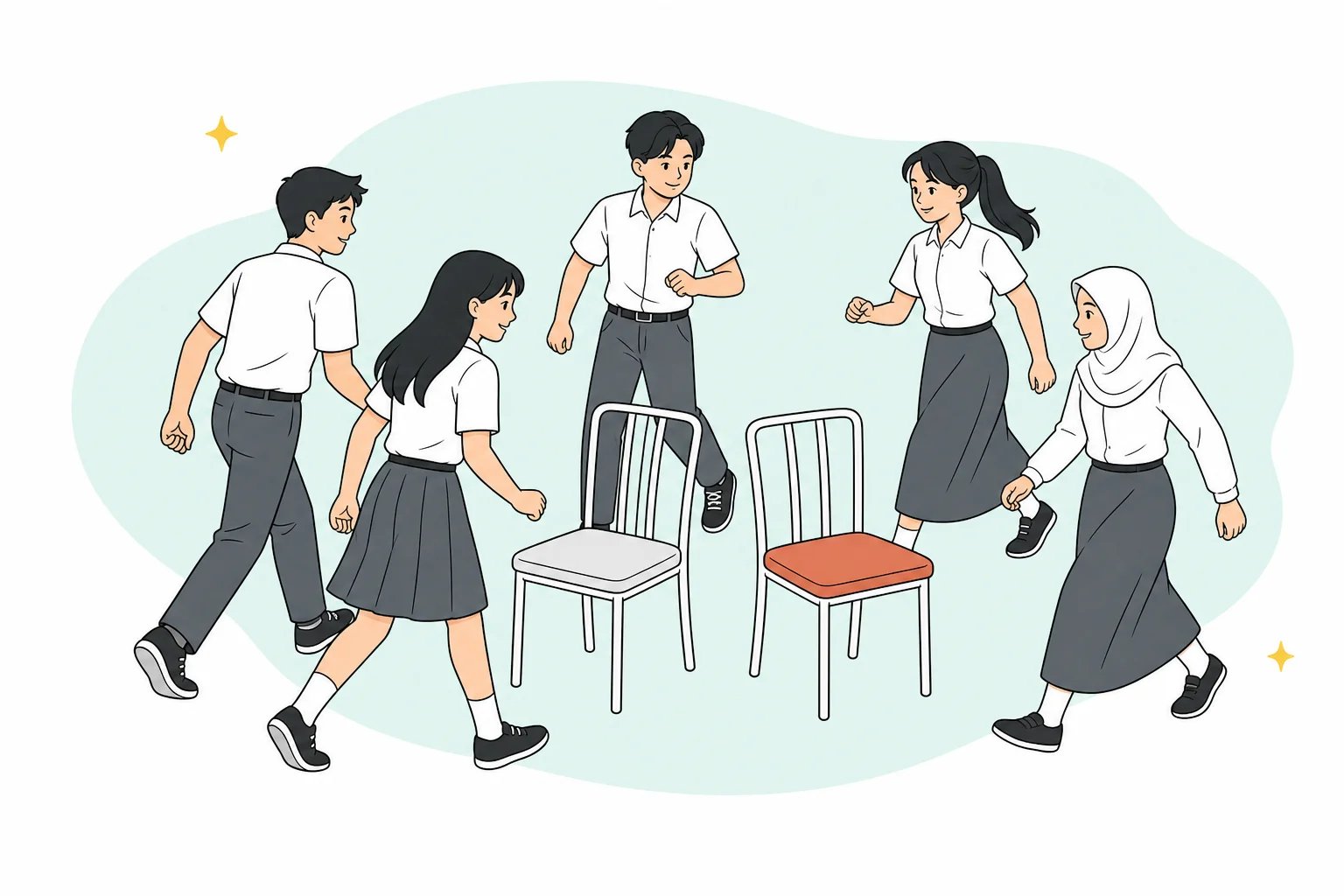 Ilustrasi lima siswa memperebutkan dua kursi dalam permainan kursi musik — menggambarkan persaingan kursi PTN yang makin ketat