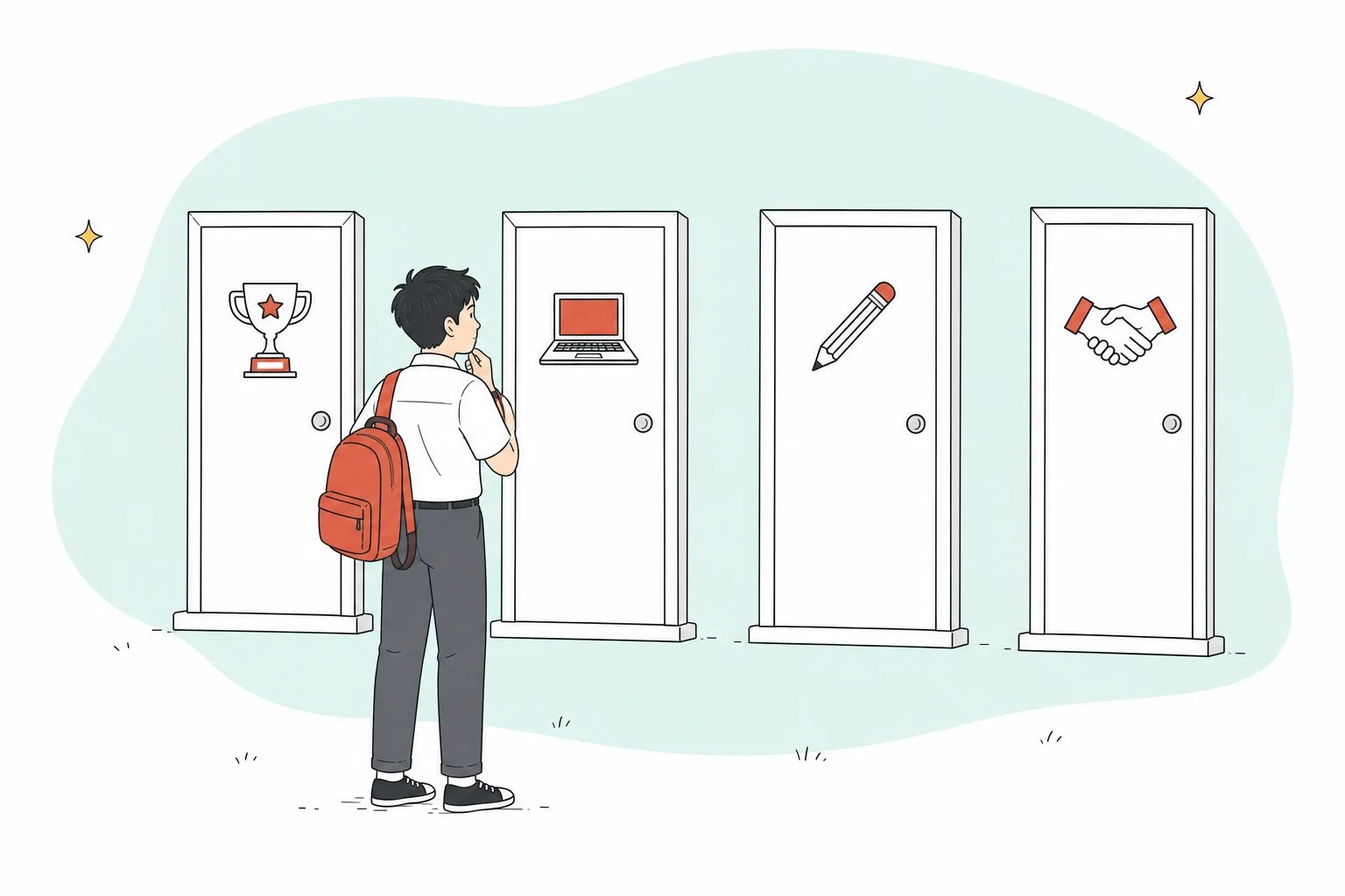 Ilustrasi siswa SMA menimbang empat pintu masuk SMUA: prestasi, UTBK Plus, ujian tulis, dan kemitraan