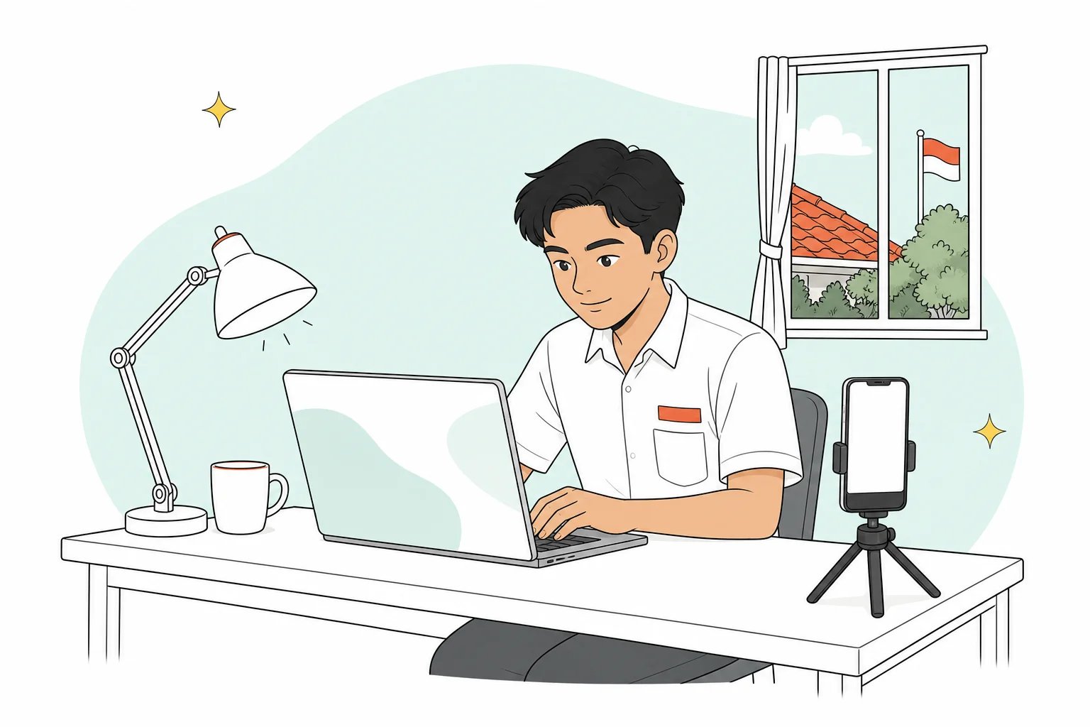 Ilustrasi siswa mengerjakan Ujian SMUP secara online di rumah dengan laptop dan smartphone di tripod sebagai pengawas Zoom