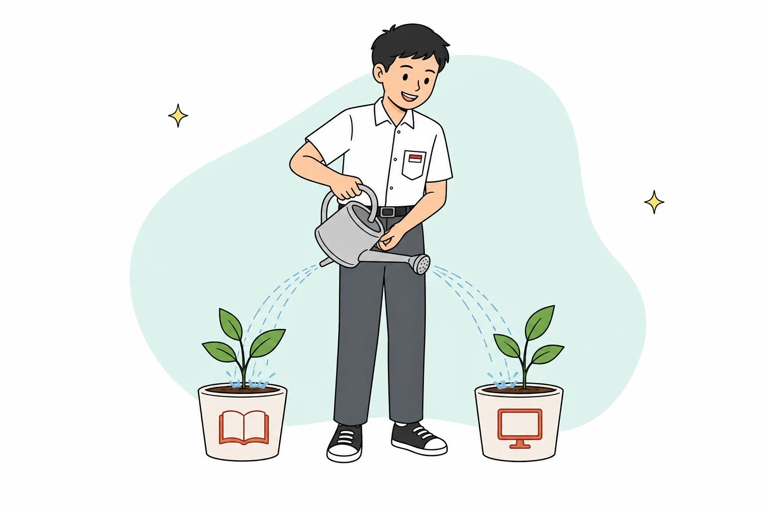 Ilustrasi siswa menyiram dua tanaman sekaligus dengan satu teko air — satu usaha menguatkan mapel pendukung, dua hasil: nilai rapor SNBP dan mapel pilihan TKA