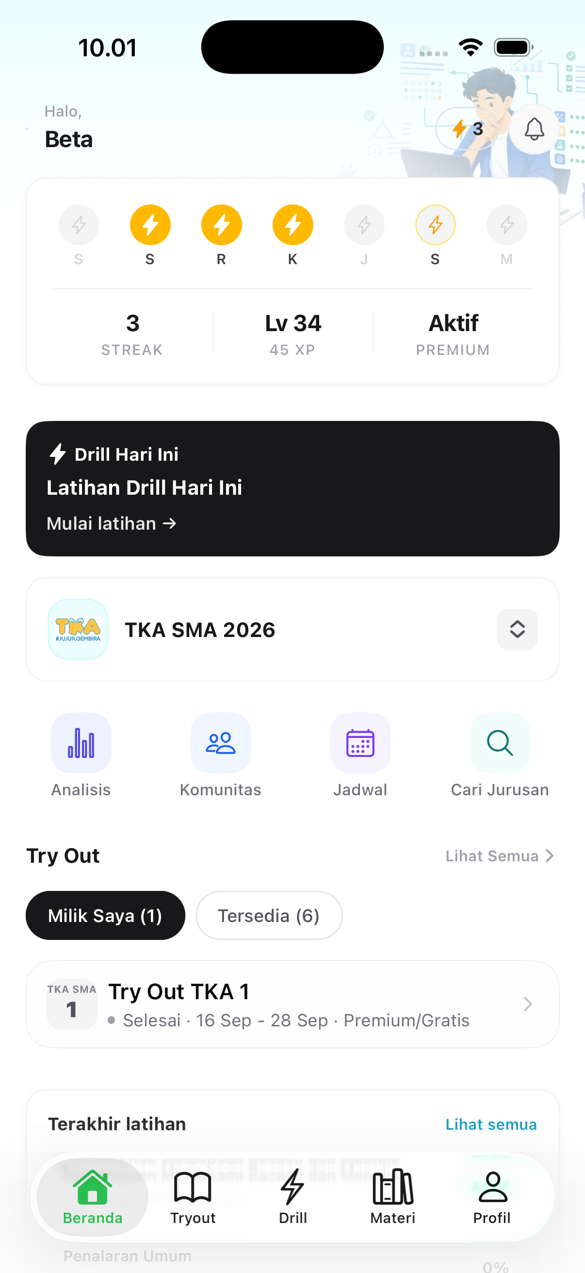 Beranda app SainsIn di iPhone dengan daftar try out, progress mingguan, dan modul belajar